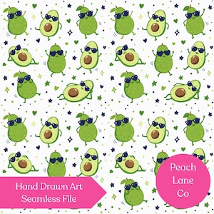 May include: Seamless pattern featuring cartoon avocados wearing sunglasses, in various poses, with green leaves and brown seeds. The design includes green and navy blue stars and hearts on a white background. Text reads "Hand Drawn Art Seamless File".