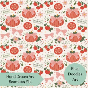Puede incluir: Un patrón sin costuras con ilustraciones dibujadas a mano de calabazas con lazos, rodajas de tomate y ramitas de tomates y flores. El diseño incluye el texto "Heirloom" y "Garden Fresh". También están presentes las palabras "Hand Drawn Art Seamless File" y "Shell Doodles Art".