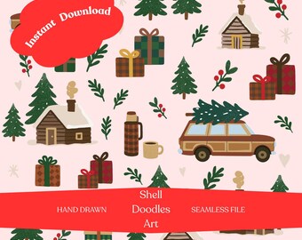 May include: A repeating pattern illustration with Christmas themes. The design includes gift boxes, evergreen trees, cabins, a station wagon with a Christmas tree, and a thermos. The words "Instant Download" and "Shell Doodles Art" are also present.