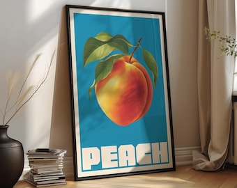 May include: A framed vertical wall art print featuring a large, realistic peach with green leaves centered on a solid blue background. The word PEACH is printed in large, bold, white capital letters at the bottom of the rectangular poster.