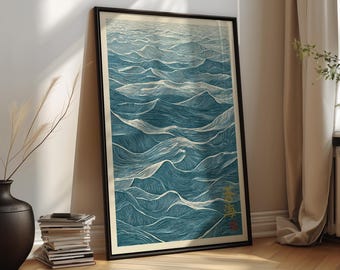 Muurdecoratie met oceaanmotief – Japanse golfkunst, printbaar in Japan, digitale download