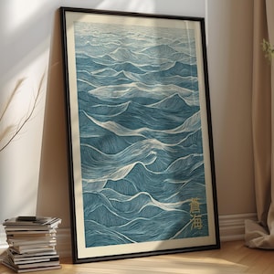 Lámina de arte mural de olas oceánicas: póster costero japonés, obra de arte escandinava de mar azul para sala de estar