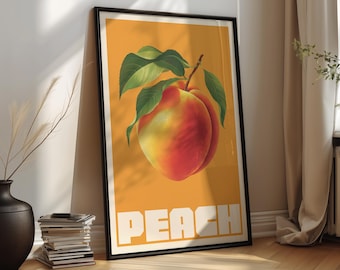 May include: A framed vertical wall art print featuring a realistic illustration of a single peach with green leaves against a solid orange background. The word PEACH is printed in large, bold, white capital letters at the bottom of the artwork.