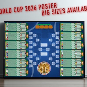 Pode incluir: Um poster emoldurado para a Copa do Mundo de 2026, com um fundo azul e um quadro de torneio. As bandeiras dos países e os nomes das equipas são exibidos. O texto "WORLD CUP 2026 POSTER BIG SIZES AVAILABLE" está em vermelho.