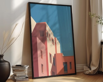 Reproduction d'art murale méditerranéenne - affiche d'architecture minimaliste, décoration de salon moderne en terre cuite