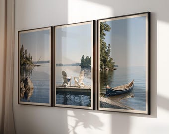 Juego de 3 láminas digitales para pared con temática de casas junto al lago, estilo nórdico.