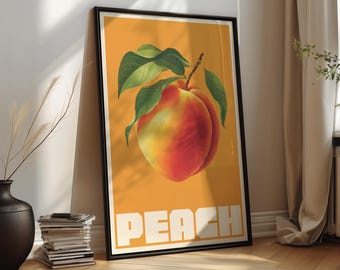 Plakat ścienny z brzoskwinią do kuchni, plakat z owocami w stylu retro, odważna ilustracja pomarańczowego jedzenia, nowoczesny wystrój kuchni, plakat z brzoskwinią w stylu pop-art