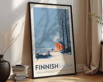 Sauna Poster – Finnish Sauna Wall Art, Winter Lake Cabin Physical Print