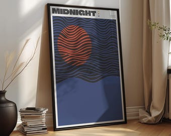 Retro Sunset Wall Art Print, Bold Abstract Sun Poster, Modern Wave Artwork, Mid Century Style Decor