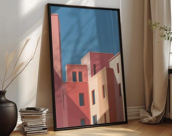 Reproduction d'art murale méditerranéenne - affiche d'architecture moderne, décoration de salon minimaliste en terre cuite