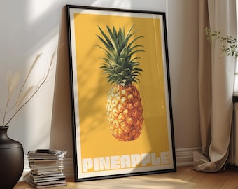 May include: A framed vertical wall art print featuring a detailed illustration of a pineapple centered on a solid yellow background. The word PINEAPPLE is printed in large, bold, white capital letters at the bottom of the rectangular poster.