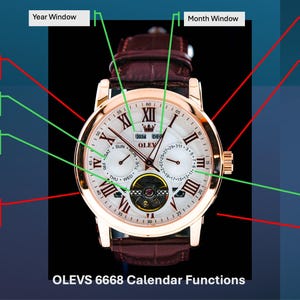 May include: A gold-toned wristwatch with a brown leather strap. The watch face features Roman numerals, multiple sub-dials, and the text "OLEVS 6668 Calendar Functions". The image highlights the watch's calendar functions, including the day, date, month, and year.