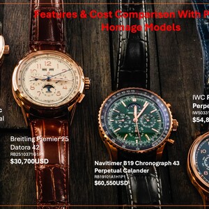 May include: An image showcasing four luxury watches with leather straps. The watches have gold and silver cases, with various dial designs and complications. Text includes watch model names and the phrase "Features & Cost Comparison With Premium Homage Models."