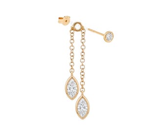 14K Solid Gold Lab Grown Diamond Drop Earrings, Bezel Set Chain Dangle Stud Earrings