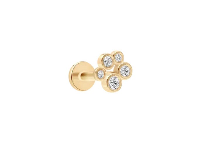 14K Gold Diamond Cluster screw Back Earring, Tiny Moissanite Flower Piercing, Labret Stud for Helix Tragus Conch, Minimalist Gold Jewelry