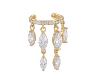 14K Solid Gold - Marquis Shaped Floating Diamond Ear Cuff/Hoop, Earring No Piercing is Needed