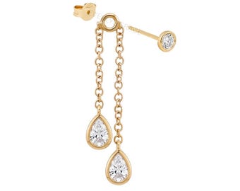 Lab Grown Diamond Bezel Drop Charm with Earring, 14K Solid Gold Chain Dangle Studs