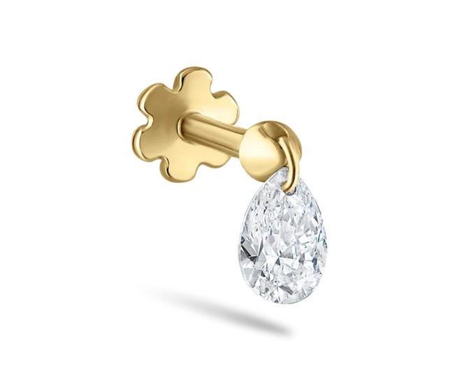 Floating Pear Diamond Charm Threaded Stud Earring