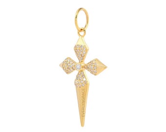 14K Solid Gold Cross Charm, Lab-grown Diamond Religious Charm, Dainty Christian Hoop Charm, Minimalist Gold Cross (only charm pendant)