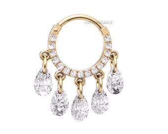 Pear Diamond Floating Septum, 14k Solid Gold 6mm Inner Daith Conch Piercing Hoop Clicker