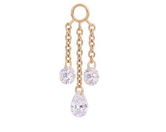 14K Gold Triple Lab Grown Diamond Dangle Chain Charm Earring