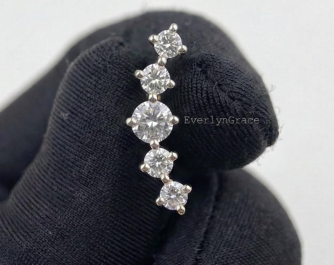 Lab Grown Diamond Crescent Graduated Climber Crawler Earring, 14K Solid Gold Ear Climber Studs, Five Stone Earring, Screw Back Cartilage