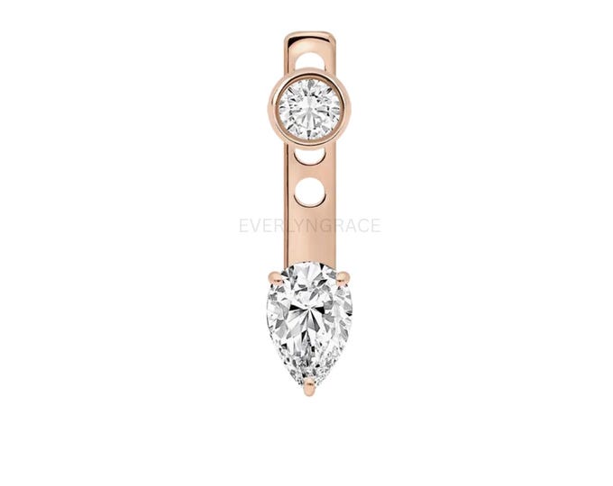 Pear Cut Diamond Drop Charm Earring, Minimalist Gold Bar Stud, Dainty Two Stone Earring, Modern Helix Cartilage Jewelry