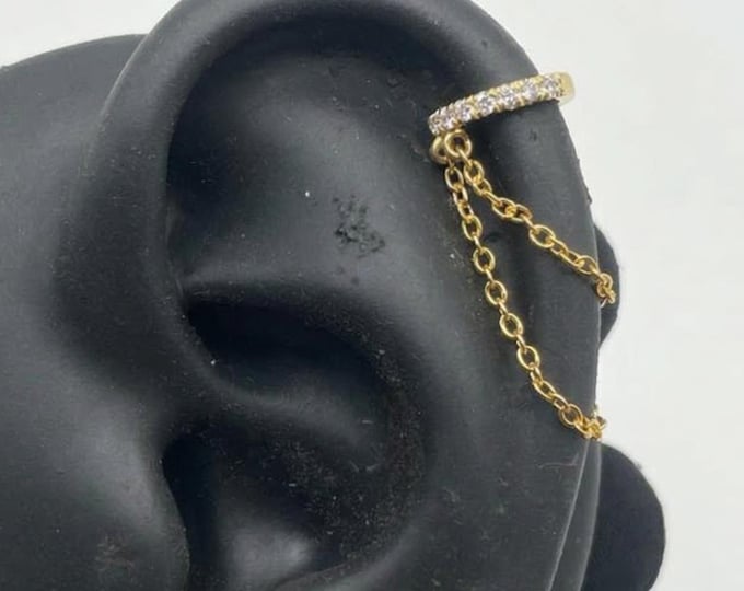Dainty Pave Lab Grown  Helix Huggie Hoop Earring With 2 Dangling Chains