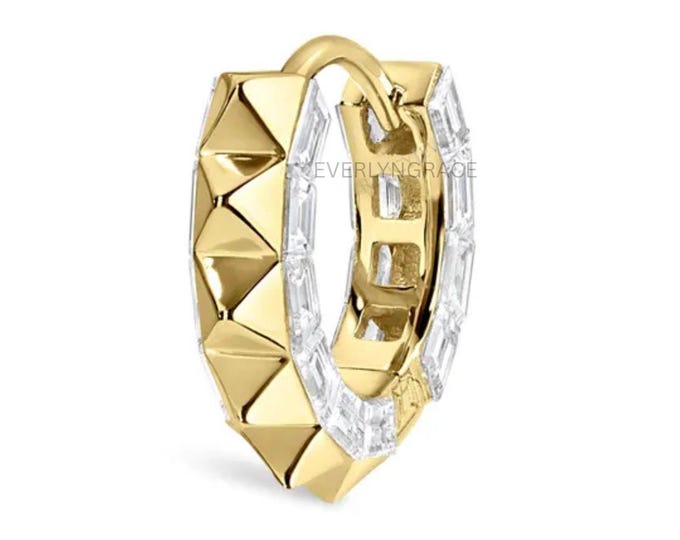 2.5mm Pyramid and Baguette Diamond Eternity Hoop Earring spikes 18k Solid Gold Hoop for Her Add on Charms