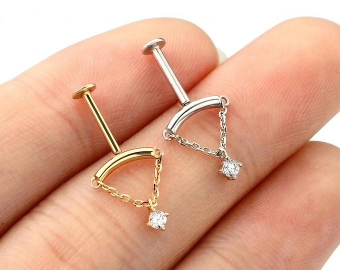 14K Gold Vertical Dangle Hidden Helix Piercing/Threated Screw Back Stud/Hidden Rook/Cartilage/Conch/Tragus/Helix Drop Earring/Gift