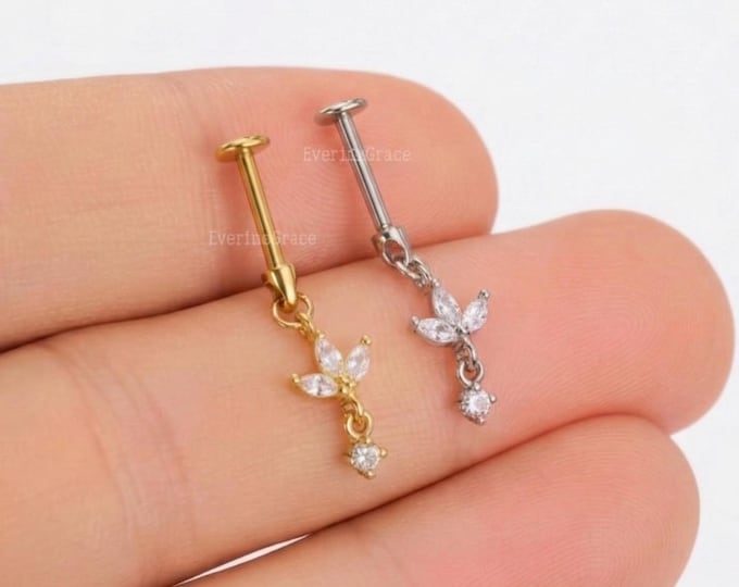 16G Lotus Flower Dangle Cartilage Stud, Lab Grown Diamond Helix Earring