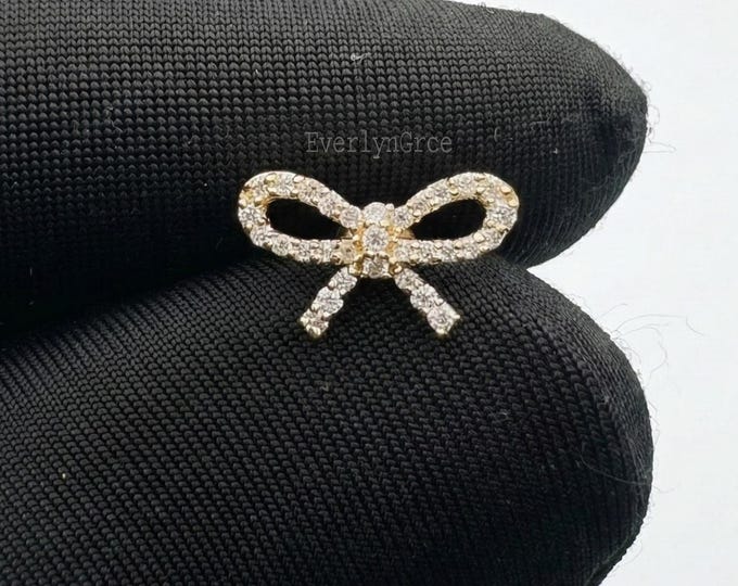 14K Gold Diamond Bow Stud Earrings, Coquette Piercing