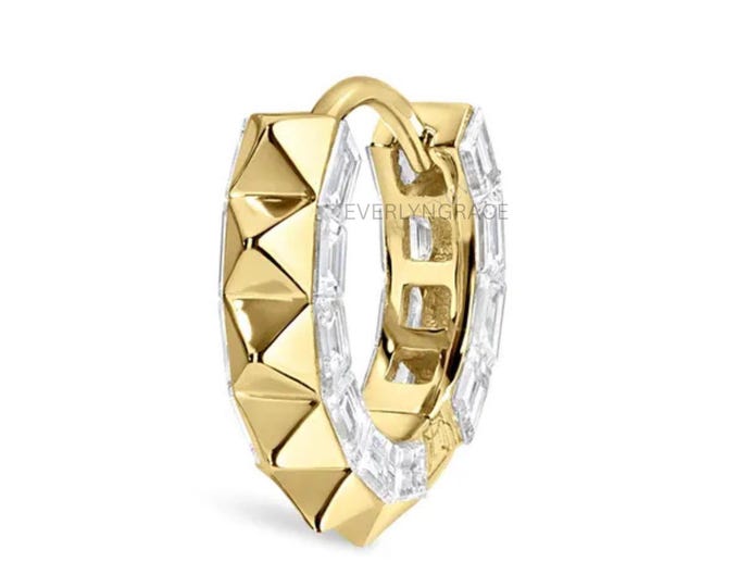 2.5mm Pyramid and Baguette Diamond Eternity Hoop Earring spikes 18k Solid Gold Hoop for Her Add on Charms