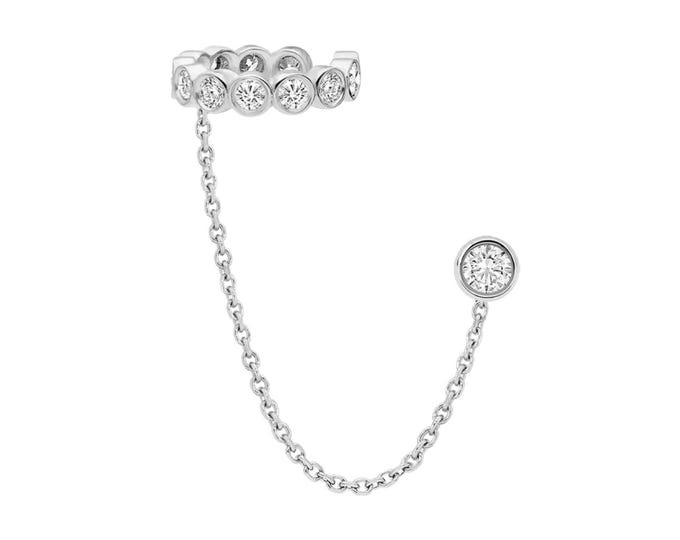 Bezel Set Diamond Ear Cuff with Chain to Stud Earring in 14K White Gold, Dainty Chain Helix Cuff, Bezel Solitaire Stud Piercing