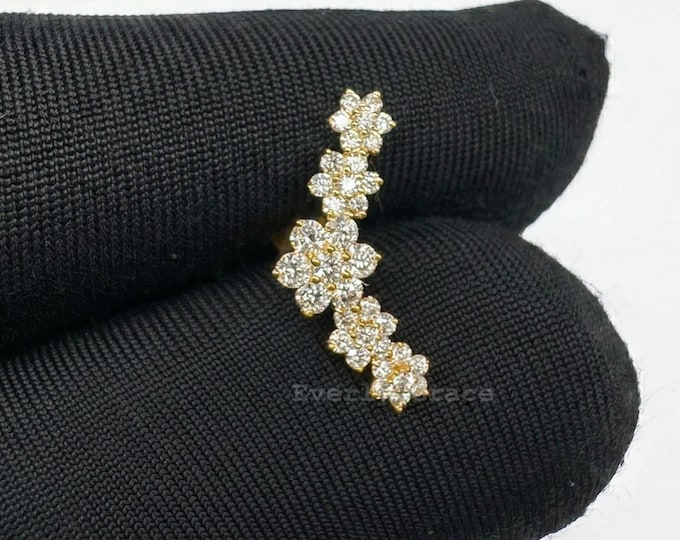 Lab Diamond Flower 14k Gold Crawler Earring, Bridal Ear Climber Earrings Unique Studs For Gift, Solid Gold Ear Crawler Helix Climber for Her