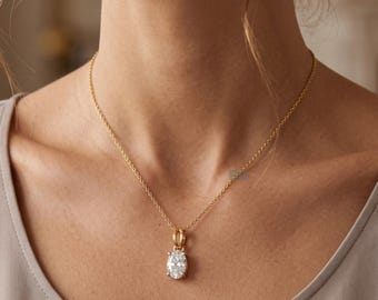 Oval Lab Grown Diamond Solitaire Pendant Necklace, 14K Solid Gold Oval Diamond Necklace, Minimalist Bridal Gift for Her