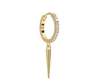 14K Solid Gold Diamond Spike Hoop, Lab Grown Dangle Cartilage Earring, Minimalist Helix Piercing Jewellery , Conch Clicker
