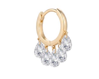 14K Solid Gold Diamond Charm Hoop Earring, Lab Grown Diamond Huggie Hoop, Pear Cut Diamond Dangle Earring, Cartilage Helix Hoop