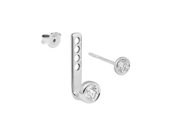 Minimalist Double Diamond Bar Stud Earrings, Geometric Ear Jacket, Modern Lab Grown Earrings, Dainty Statement Jewelry Gift for Her