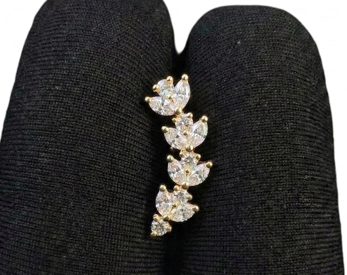 Nature Inspired Lab grown Diamond Leaf Crawler Helix Earring 14k Yellow Gold Ear Climber Diamond Climber Marquise Stud Earring