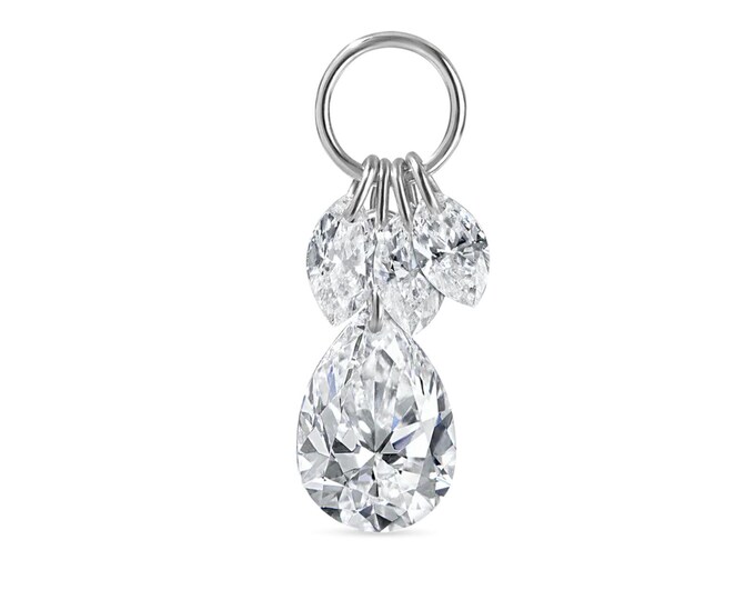 Floating Pear Diamond Plume Charm cluster three marquise and pear diamond 14K Solid Gold jump ring charm Drop Add on for Hoops