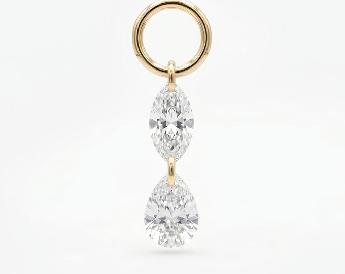 14K Gold Diamond Dangle Charm for Hoop Earrings, Pear & Marquise Cut