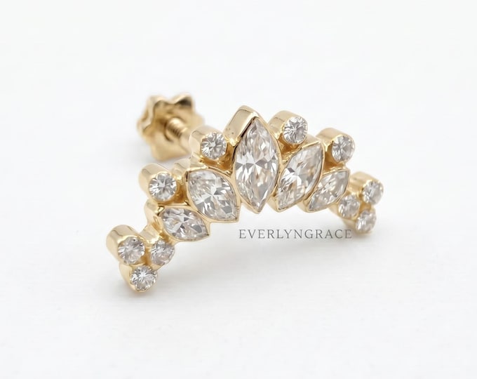 14K Gold Marquise & Round Diamond Cluster Stud: Lab-Grown Conch Earring