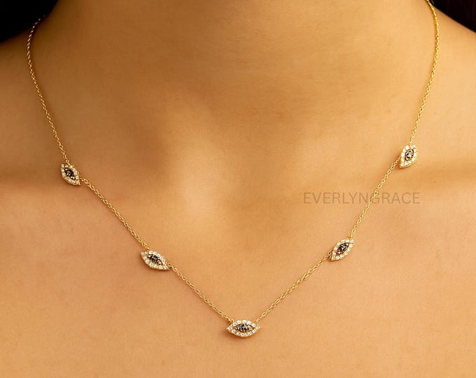 14K Solid Gold Evil Eye Necklace: Sapphire, Diamond Protection Jewelry