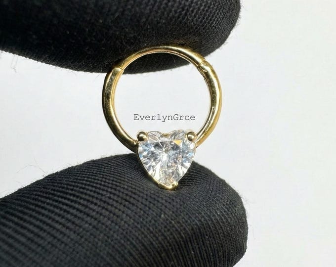 14K Gold Heart Moissanite Septum Clicker, 16G Daith Hoop