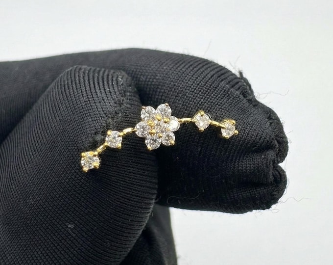 14k Diamond Flower Ear Climber Earrings