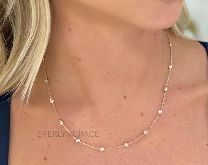 Diamond Station Necklace 10k 14k Real Gold Lab Grown Dainty Diamond By EG Minimalist Classic Everyday Elegant Delicate Layering Necklace