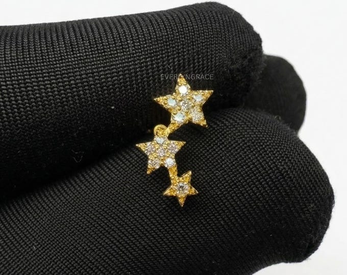 14K Solid Gold Three Star Garland Diamond Threaded Stud Earring Lab Grown Diamond Star Cluster Piercing Skylar Diamond Stud For Women