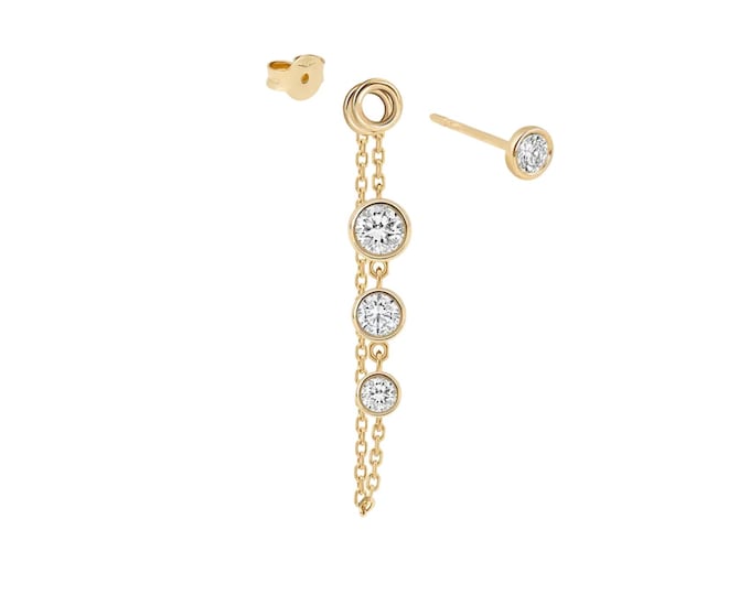 Gold Chain Dangle Stud Earring, Bezel Set Diamond Earring, Minimalist Drop Earring, 14K Gold Dainty Jewellery ,Elegant Earrings Gift for Her