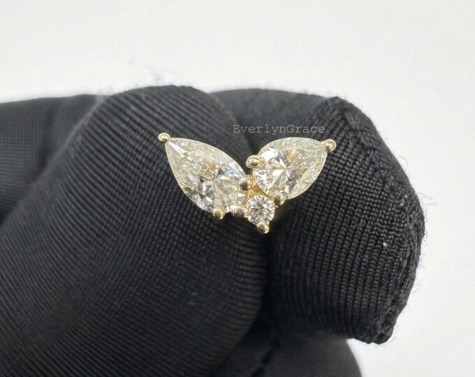 14K Gold Butterfly Wing Lab Grown Diamond Earring, Pear Cut Cluster Stud